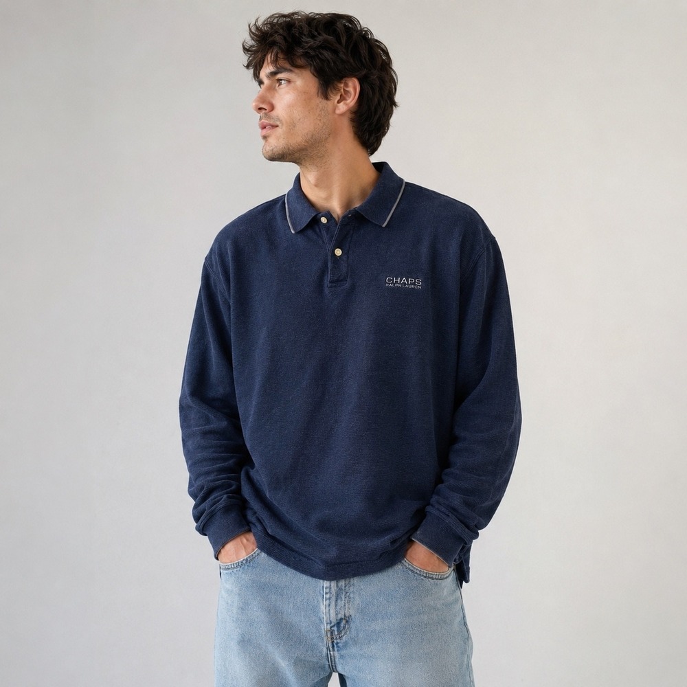 Vintage Chaps Ralph Lauren Shirt Mens Large Navy Blue Ribbed Long Sleeve Polo